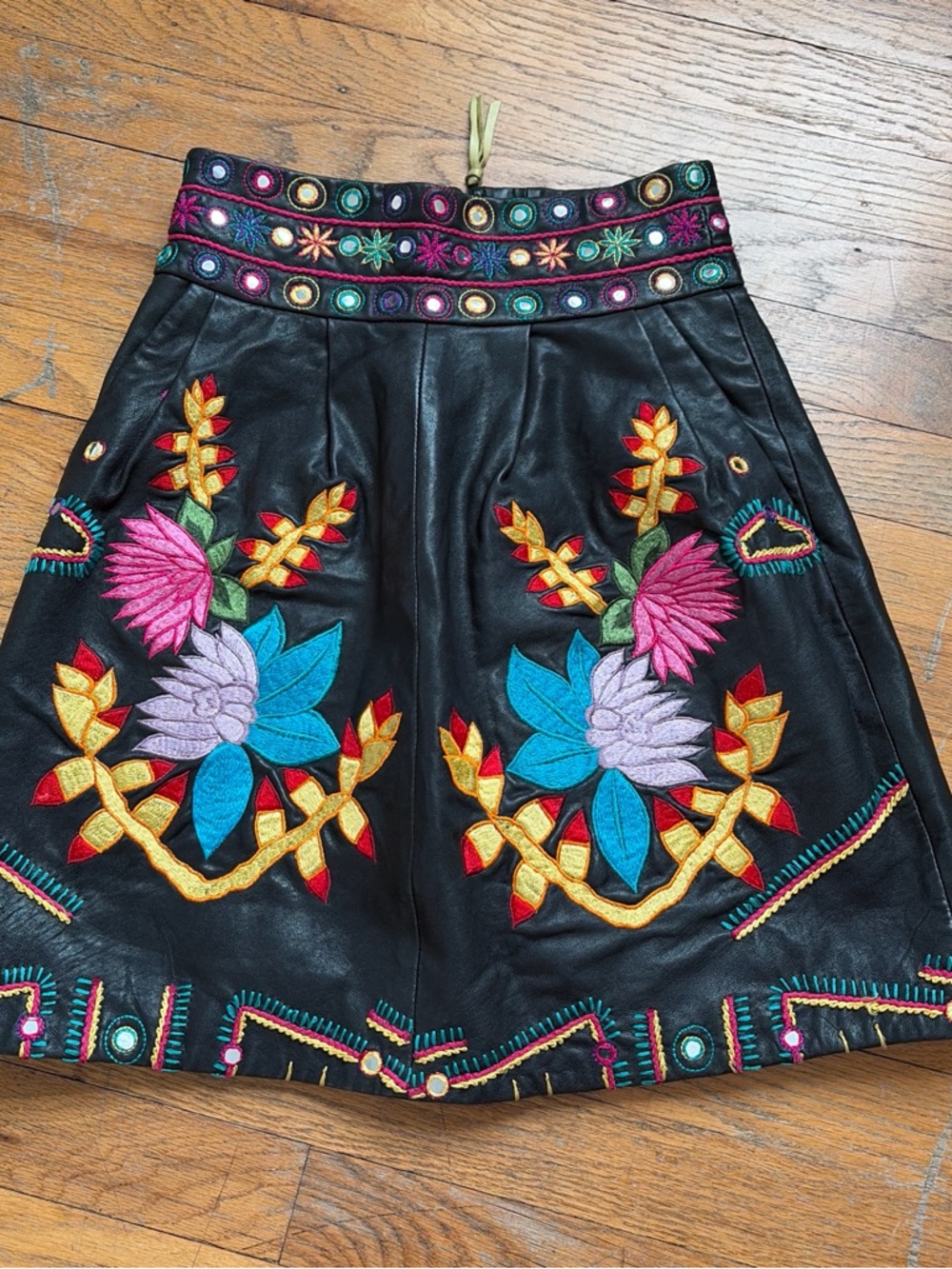 Black Leather A-Line Skirt with Floral Embroidery